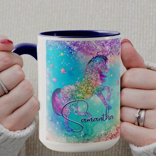 Cute eenhoorn roze Glitter regenboog aqua monogram Mok