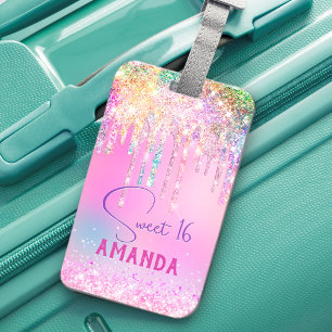 Cute eenhoorn roze glitters birthday monogram bagagelabel