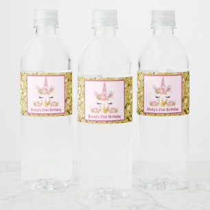Cute Eenhoorn Roze Goud Glitters Verjaardag Waterfles Etiket