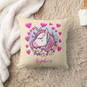 Cute Eenhoorn, Roze Harten & Bloemen, Naam, Crème Kussen