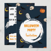 Cute Éffrayant Halloween Party Invitation Bleu fon (Devant / Derrière)