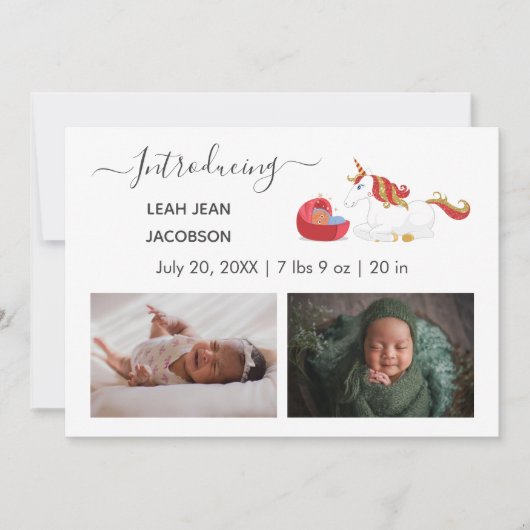 Cute Elegant Baby Photo Birth Announding Unicorn Aankondiging (Voorkant)
