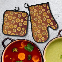 Cute Elegant Boho Farmhouse Wood Rustige Zonnebloe Ovenwant & Pannenlap Set