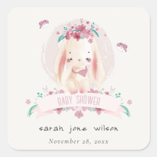 Cute Elegant Pink Floral Bunny & Birds Baby shower Vierkante Sticker
