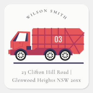 Cute Elegant Red Garbage Trash Truck Kinder Addres Vierkante Sticker