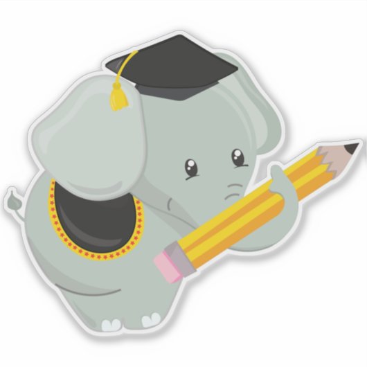 Cute Elephant, Afstuderen Elephant, School, Potloo Sticker (Voorkant)