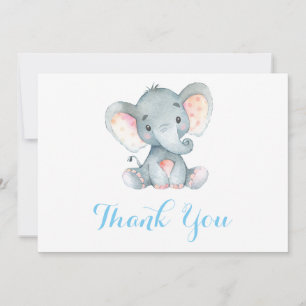 Cute Elephant Baby Boy Blue en Grey Bedankkaart