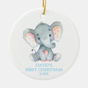Cute Elephant Baby Boy First KerstBlue Keramisch Ornament