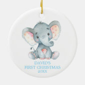 Cute Elephant Baby Boy First KerstBlue Keramisch Ornament (Achterkant)