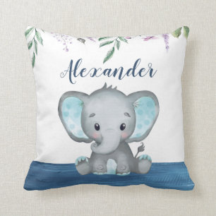 Cute Elephant Baby Custom Name Blue Wood Kussen