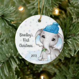 Cute Elephant Baby First KerstBoy Naam Keramisch Ornament