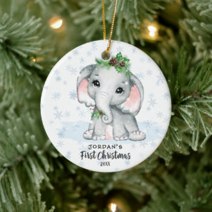 Cute Elephant Baby First Kerstfoto Naam Keramisch Ornament