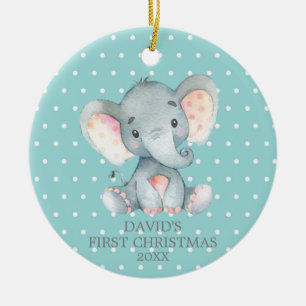 Cute Elephant Baby First Kerstmis Blauwgroen en Gr Keramisch Ornament
