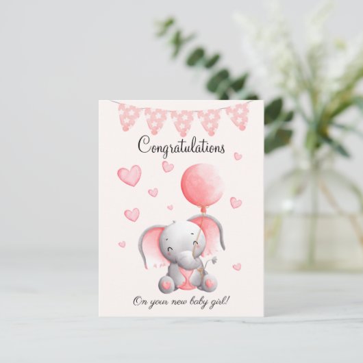 Cute elephant baby girl congratulations card briefkaart (Staand voorkant)