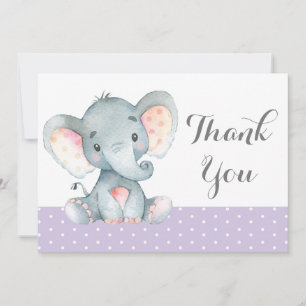 Cute Elephant Baby Girl Paars en grijs Bedankkaart