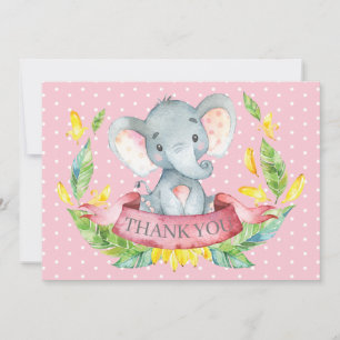 Cute Elephant Baby Girl Pink and Grey Bedankkaart