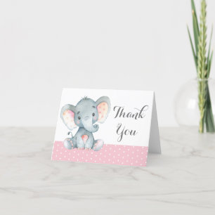 Cute Elephant Baby Girl Pink and Grey Bedankkaart