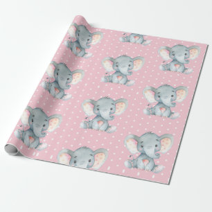 Cute Elephant Baby Girl Pink and Grey Cadeaupapier