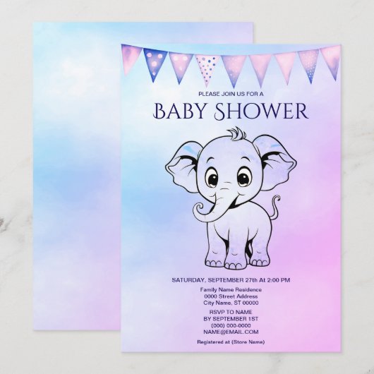Cute Elephant Baby shower Invitation Kaart (Voorkant / Achterkant)