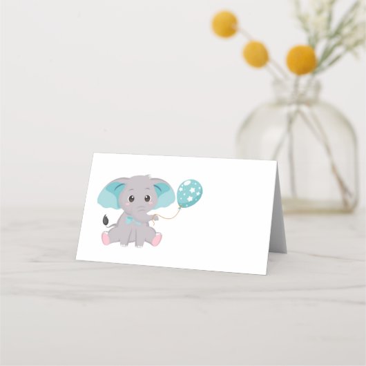 Cute Elephant Ballon Blue Place Card (Voorkant)