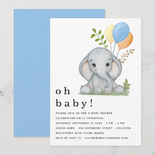 Cute Elephant Balloons Blue Boy Baby shower Kaart