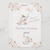 Cute Elephant Boho Floral vijfde verjaardag Uitnod Kaart (Voorkant / Achterkant)