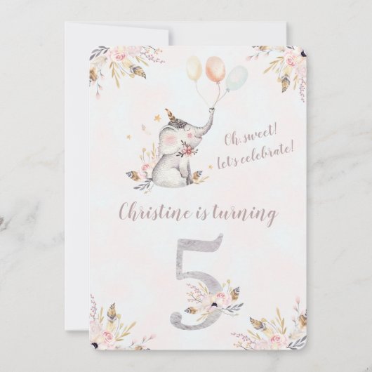 Cute Elephant Boho Floral vijfde verjaardag Uitnod Kaart (Voorkant)