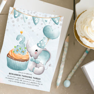 Cute Elephant Boy 3rd Birthday Party Invitation Kaart
