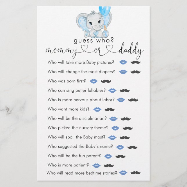 Cute Elephant Boy Baby shower "Raad Who" Game (Voorkant)