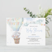 Cute Elephant Boy Blue Hot Air Ballon Baby shower Kaart (Staand voorkant)