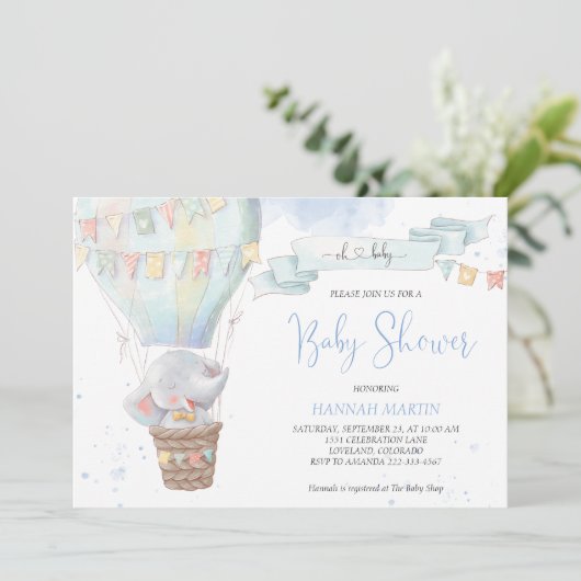 Cute Elephant Boy Blue Hot Air Ballon Baby shower Kaart (Staand voorkant)
