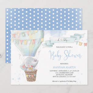 Cute Elephant Boy Blue Hot Air Ballon Baby shower Kaart