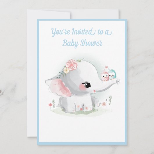 Cute Elephant Boy Blue Script Modern Baby shower Kaart (Voorkant)