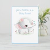 Cute Elephant Boy Blue Script Modern Baby shower Kaart (Staand voorkant)