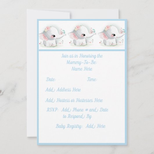 Cute Elephant Boy Blue Script Modern Baby shower Kaart (Achterkant)