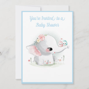 Cute Elephant Boy Blue Script Modern Baby shower Kaart