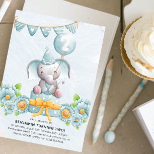Cute Elephant Boy Invitation de fête du 2e anniver