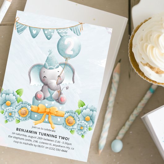 Cute Elephant Boy Invitation de fête du 2e anniver