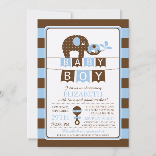 Cute Elephant Boys Baby shower Invitation (Devant)