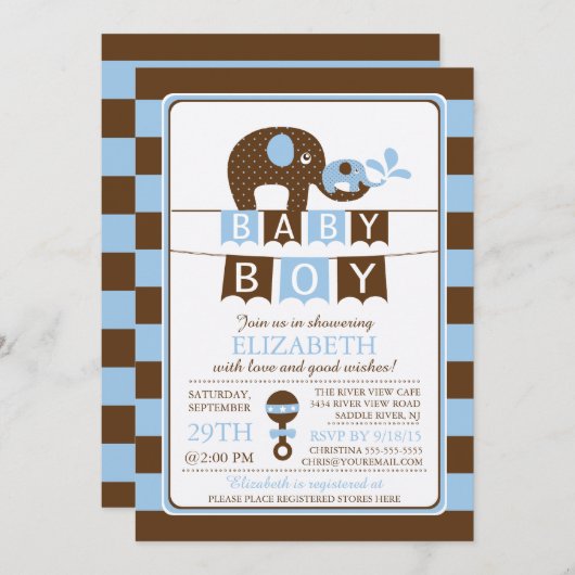 Cute Elephant Boys Baby shower Invitation (Devant / Derrière)