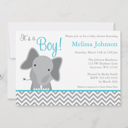 Cute Elephant Chevron Blauwgroen Baby shower Uitno Kaart (Voorkant)