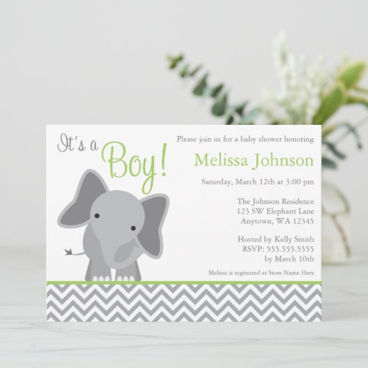 Cute Elephant Chevron Green Baby shower Invitation Kaart (Staand voorkant)