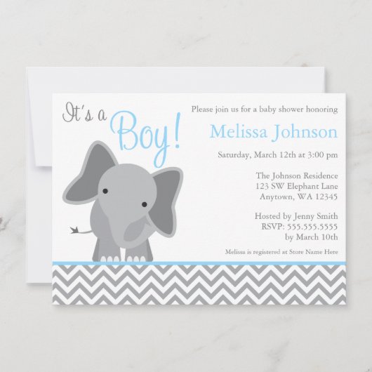 Cute Elephant Chevron Light Blue Baby shower Kaart (Voorkant)