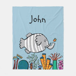 Cute Elephant Fish Scene met koraal Fleece Deken