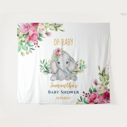 Cute Elephant Flowers Baby shower Photo Backdrop Wandkleed (Voorkant (horizontaal))