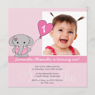 Cute Elephant Foto First 1st Birthday Party Kaart
