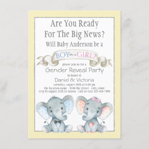 Cute Elephant Gender onthullen Baby shower Invitat Kaart