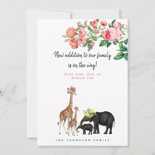 Cute Elephant Giraffe Floral Pregnancy Announcemt Kaart (Voorkant)