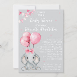 Cute Elephant, Girl Baby Shower Invitation Kaart