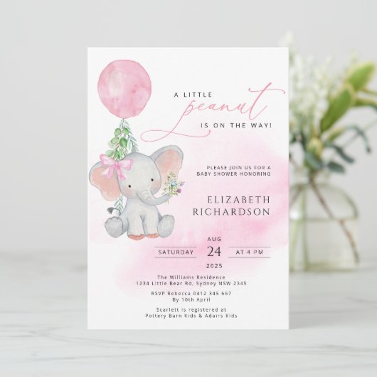 Cute Elephant Girl Balloon Baby shower Uitnodiging (Staand voorkant)